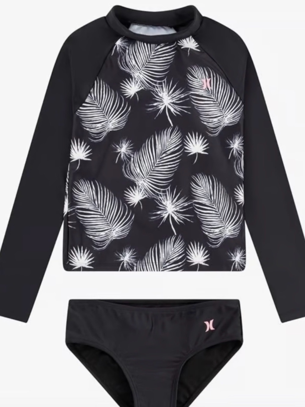 Hurley Black White Palm-Print Long Sleeve Rashguard Set with Pink Logo